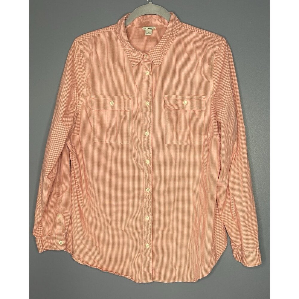 LL Bean Gingham Plaid Shirt Men's L Long Sleeve Orange Lightweight Summer Picnic